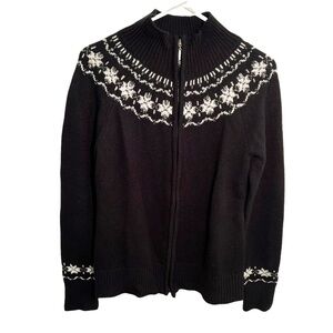 Collection DressBarn Full Zip Sweater Black Snowflake